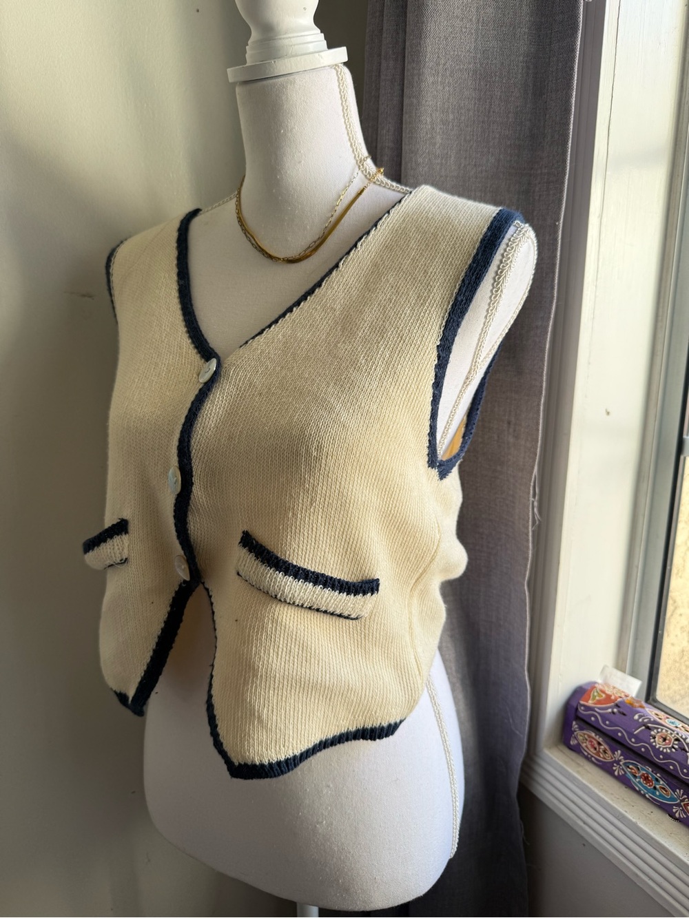 Renata & Go Cream Knit Vest with Navy Trim